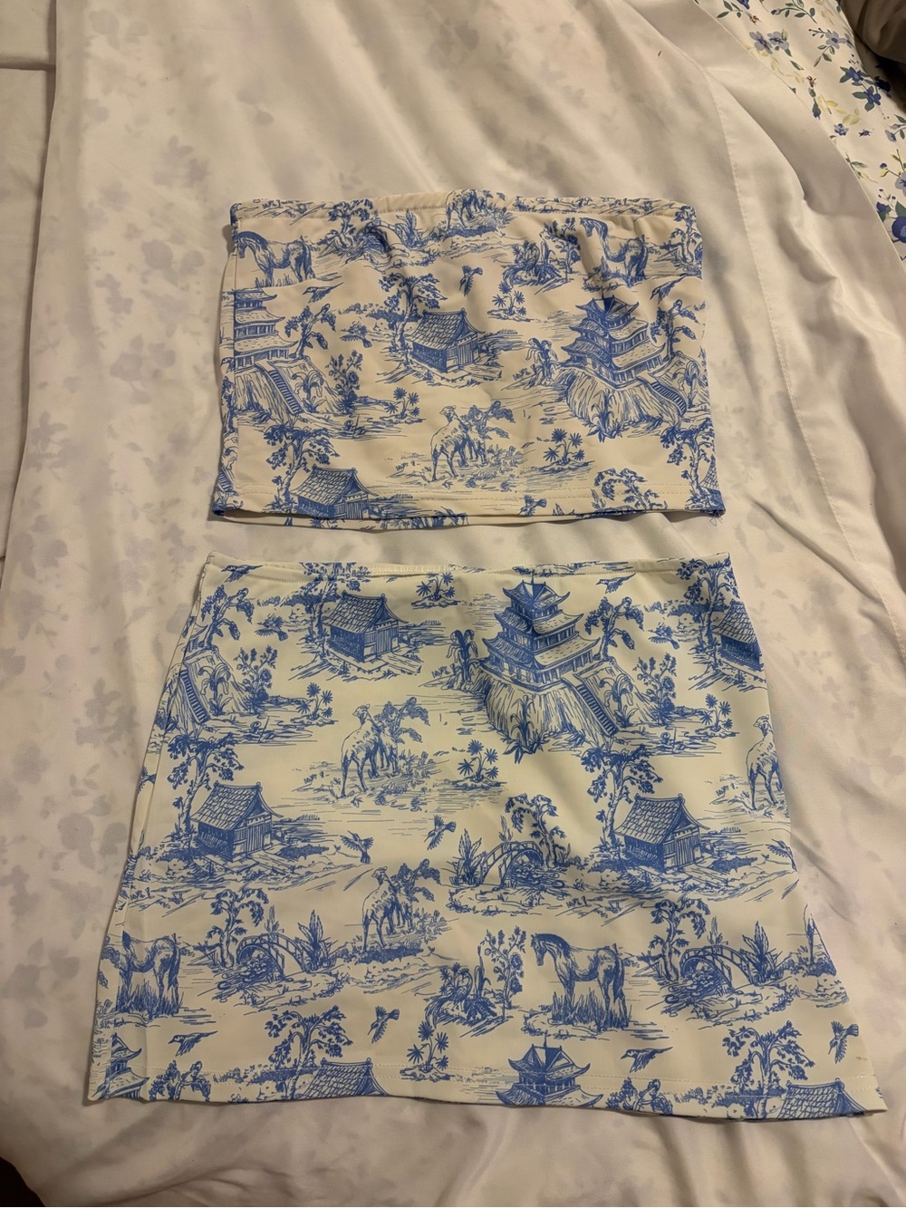 Edikted Blue and White Toile Strapless Tube Top & Mini Skirt Set
